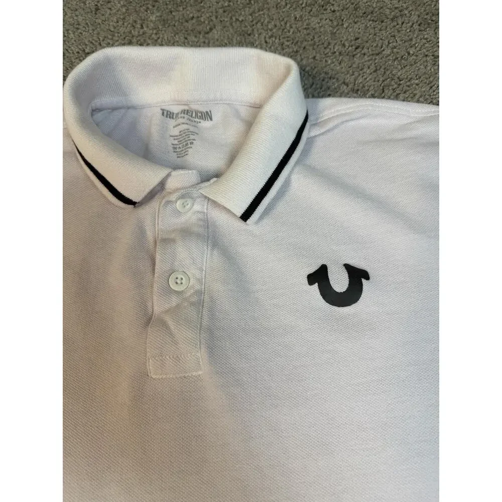 True Religion Polo Shirt Mens M White Pink Short Sleeve 100% Cotton Collared